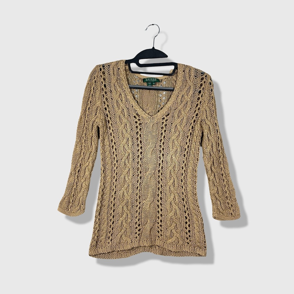 Lauren Ralph Lauren V-Neck Sweater Womens Petite S Tan Cable Knit Preppy Classic